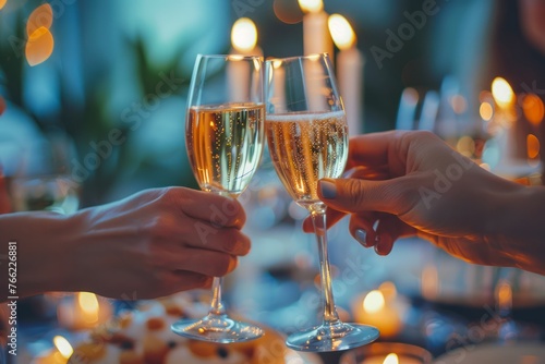 Elegant Evening Celebration with Champagne Toast Close up in a Festive Atmosphere with Warm Lighting
