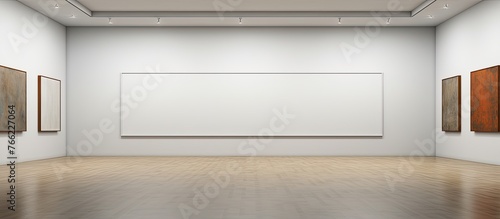 Minimalistic interior of an empty space featuring a clean white wall contrasted with a warm wooden floor