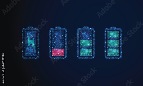 Wireframe battery. Battery state of charge set icon. Abstract polygonal battery charge icons set low poly high voltage, long battery charge, and energy, Technology concept.
