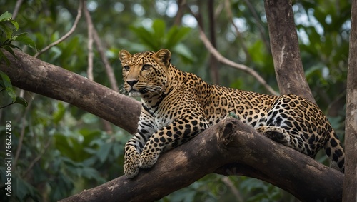 Sri Lankan leopard, Panthera pardus kotiya, Big spotted cat lying on the tree in the nature habitat, Yala national park, Sri Lanka. photo