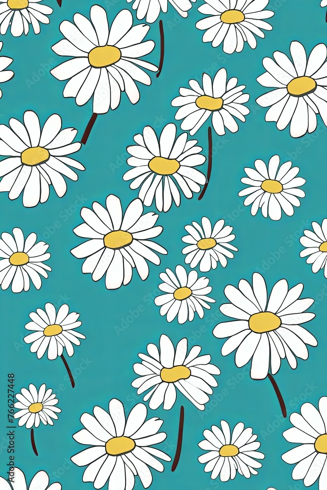 Daisy pattern, hand draw, simple line, green and blue