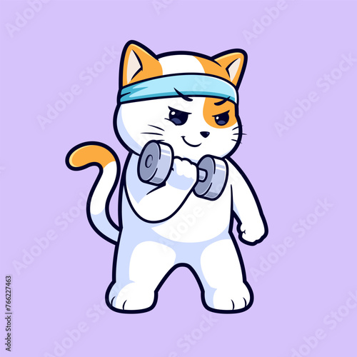 Cute cat workout with dumbbell cartoon vector icon illustration. Flat style animal cartoon logo © tkzgraphic