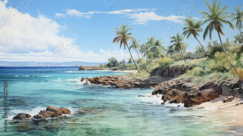 Artistic portrayal of tranquil tropical beach painted in watercolor, capturing sunset hues, palm trees, and majestic ocean waves. © NaphakStudio