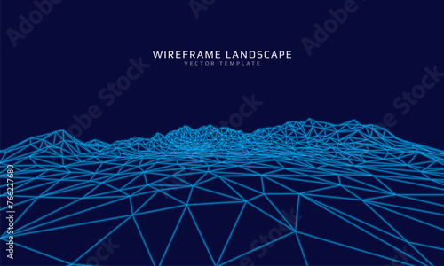 Wireframe landscape. Futuristic 3d mesh background. Digital polygonal hills technology. Vector illustration.