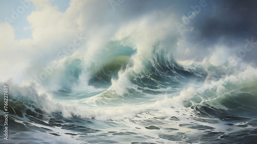 Watercolor painting of a powerful wave with a stormy sea and dark clouds.