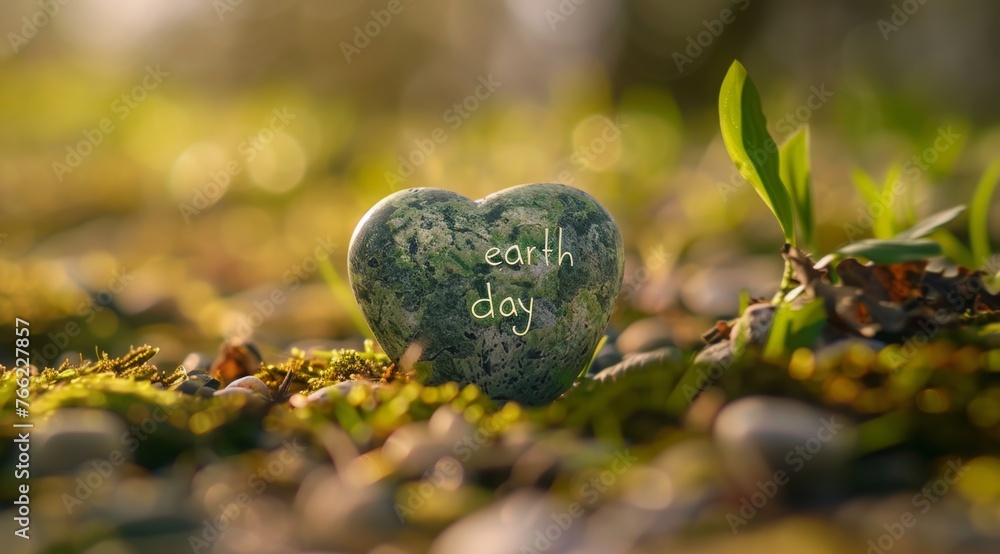 Obraz premium A stone with the inscription Earth Day in greenery, on which there is an earth and small plants around it. Green background. Concept of environmental protection. Green leaves in the foreground