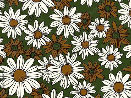 Daisy pattern  hand draw  simple line  green and brown