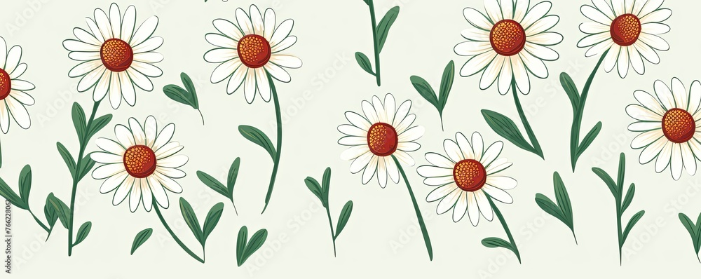 Daisy pattern, hand draw, simple line, green and burgundy