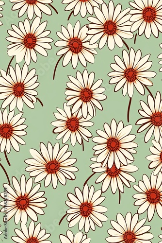 Daisy pattern  hand draw  simple line  green and burgundy