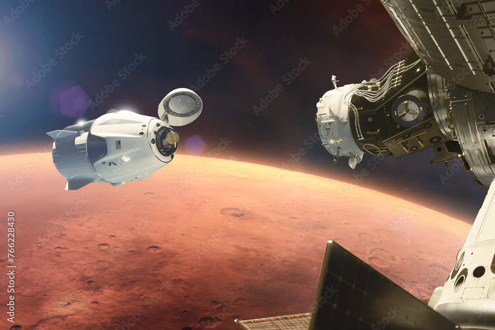 Obraz premium Cargo spacecraft in low-Mars orbit. Elements of this image furnished by NASA.