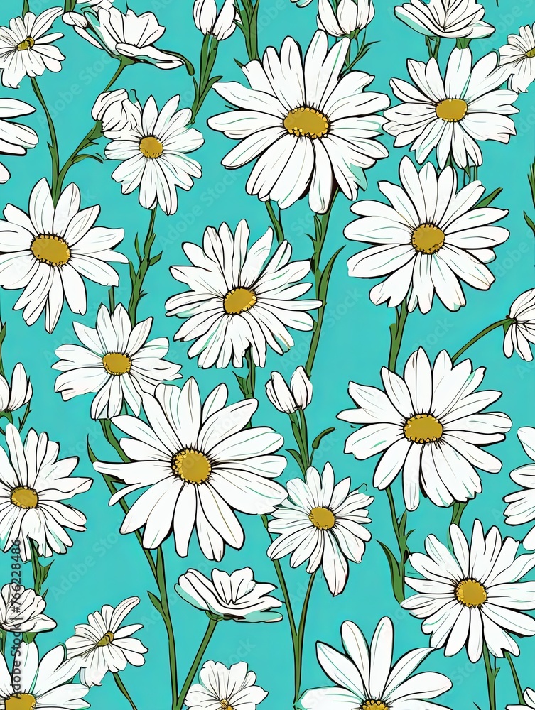 Daisy pattern, hand draw, simple line, green and cyan