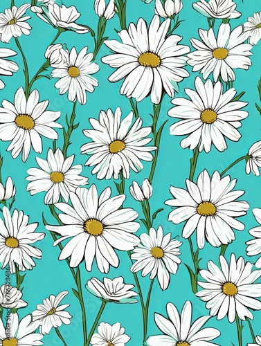 Daisy pattern  hand draw  simple line  green and cyan