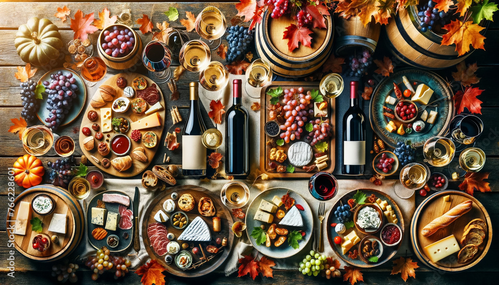 Top-down view of an autumn wine tasting event, featuring red and white wines, cheese platters, cured meats, and grapes, set in an elegant vineyard or wine cellar