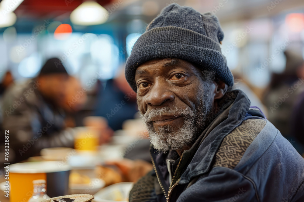 Positive black homeless man sits at a table in a bustling shelter dining hall, surrounded by other individuals. A man smiling at the camera. He is sitting at a table with other people and there. Positive black homeless man sits at a table in a bustling shelter dining hall, surrounded by other individuals. A man smiling at the camera. He is sitting at a table with other people and there.