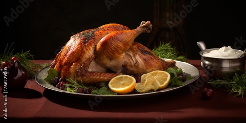 whole baked chicken with vegetables and lemon on a wooden table Generative AI