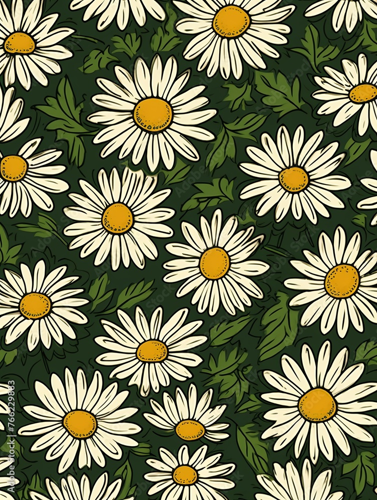 Daisy pattern, hand draw, simple line, green and green