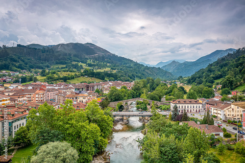 Aerial View Over Cangas de Onís, Asturias, Picos de Europa , Spain