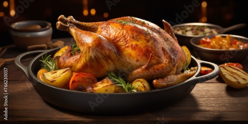 whole baked chicken with vegetables and lemon on a wooden table Generative AI