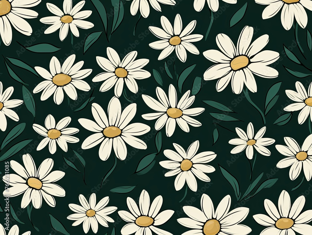 Daisy pattern, hand draw, simple line, green and ivory