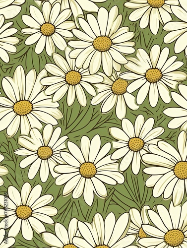 Daisy pattern, hand draw, simple line, green and ivory