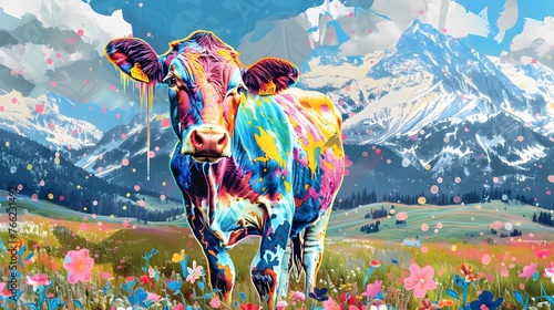 Psychedelic colorful cow on floral spring meadows with mountains in the background. Psychedelic colorful cow on floral spring meadows with mountains in the background. 