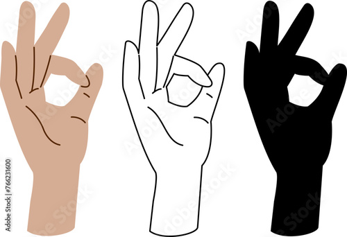 The hand shows the sign ok. Vector image in color, black outline, silhouette.