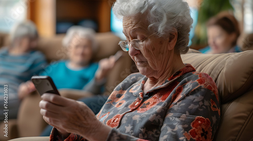 a grandmother with mid length white hair looking into her mobile phone while sitting in a chair in the living area of a senior center