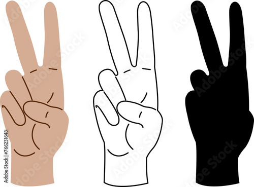 Two fingers in the shape of the letter V. Vector image in color, black outline, silhouette.