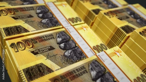 Zimbabwe money Zimbabwean dollars pack loop 3d animation. Loopable seamless concept of finance, cash, economy, business and bank. Camera moving over ZWL 100 banknote bundle stacks. photo