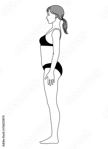 悪い姿勢 骨盤前傾 反り腰の日本人女性のイラスト 全身横向き 横顔