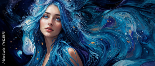 Mythical siren princess with blue eyes and alluring ethereal grace, bewitching beauty and her long wavy hair flows with the ocean waters - fantasy role playing female portrait. photo