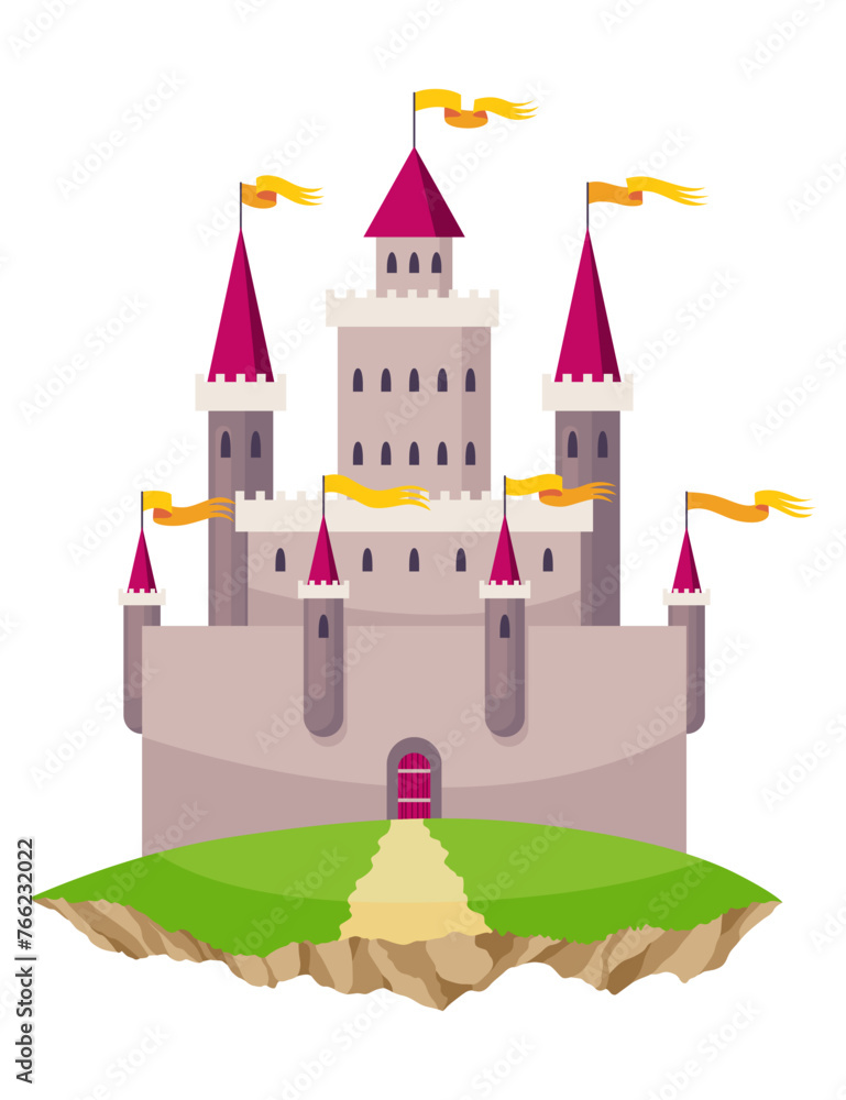 Fairy tale castle. Medieval royal mansion architecture. Beautiful fairy-tale tower for princess, historic fortified building. Knight castle, imagination concept. Isolated cartoon vector illustration