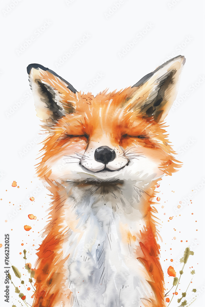 Fototapeta premium smiling fox, cute and happy, watercolor, white background, pastel colors, soft brush strokes, in the style of a children's book illustration, simple, cute, full body, clean edges