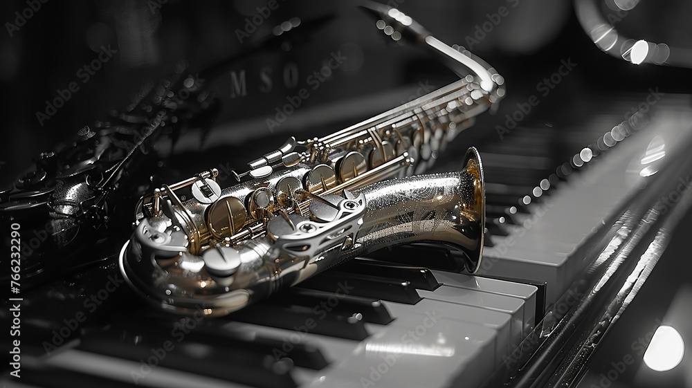 Fototapeta premium Gleaming alto sax poised over black and white piano keys in soft lighting