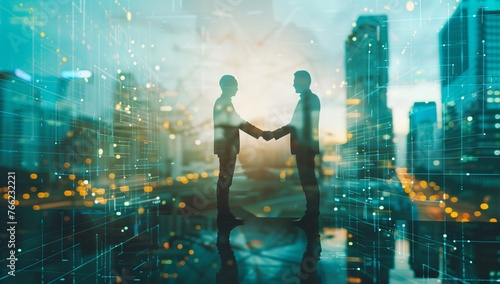 Businessmen handshake on blurred digital technology