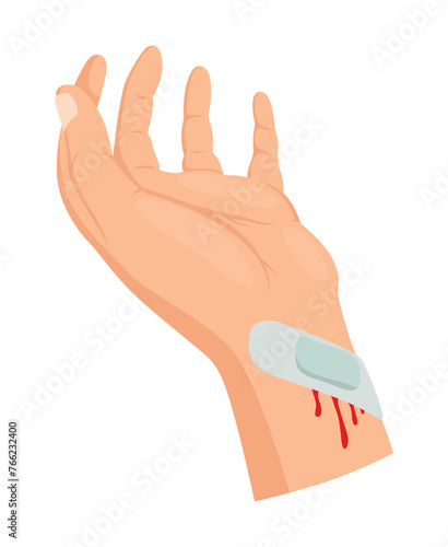 Hands injured skin and procedures of bandaging. First aid for wound. Medicine cure or treatment. First emergency help for human hand trauma