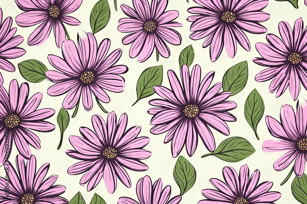 Daisy pattern, hand draw, simple line, green and mauve