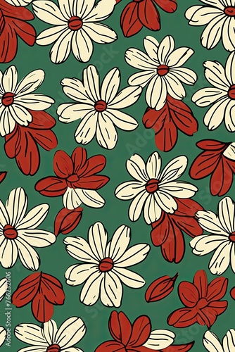 Daisy pattern  hand draw  simple line  green and maroon