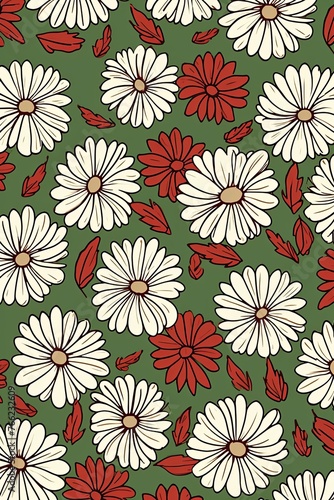 Daisy pattern, hand draw, simple line, green and maroon