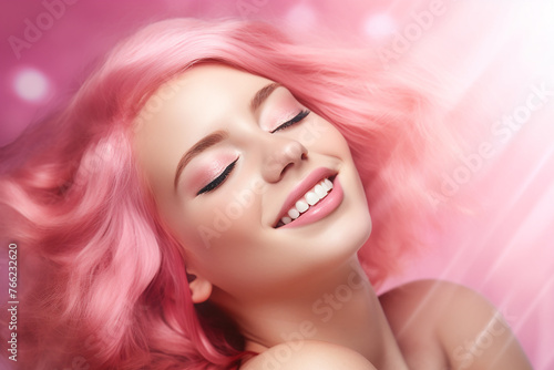 Radiant young person with vivid pink hair smiling joyously © Hype2Art