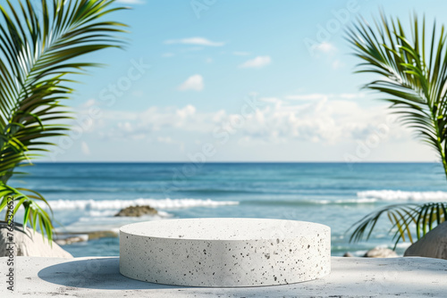Empty mock up pedestal with natural stone on a tropical beach with palm leaves