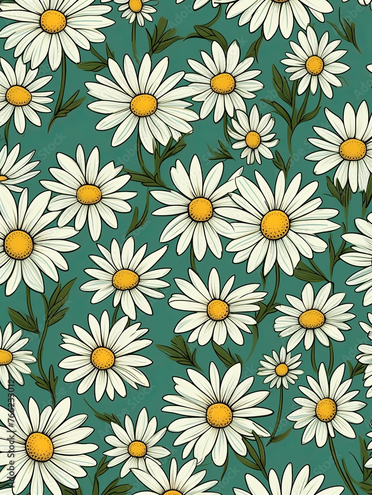 Daisy pattern, hand draw, simple line, green and mint
