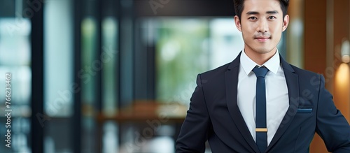 A confident Asian male professional in a formal business attire, consisting of a suit and tie, is standing serenely in the foyer of a corporate building