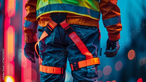 Detailed capture of neon safety apparel with contrasting straps photo