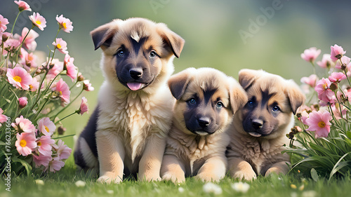 Shepherd puppies on the grass among flowers photo