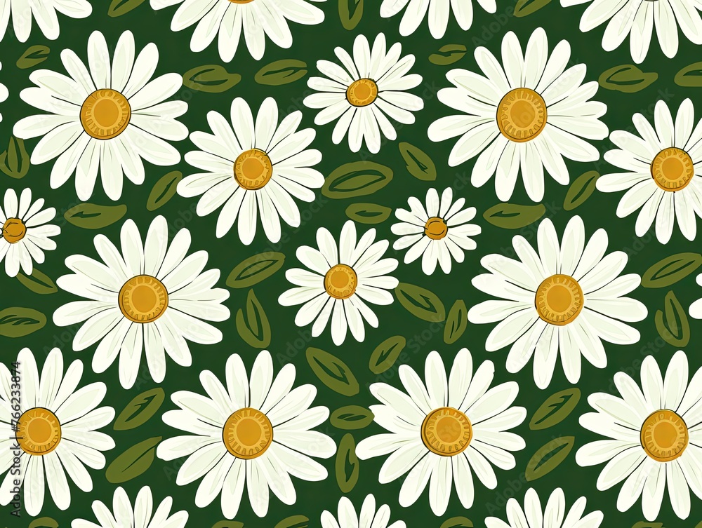 Daisy pattern, hand draw, simple line, green and olive