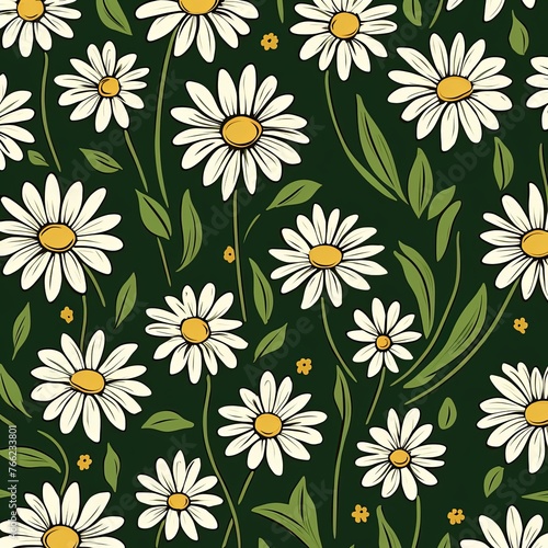 Daisy pattern, hand draw, simple line, green and olive © Celina