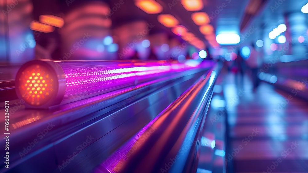 Ultraviolet sterilizer on moving handrail against a blurred background Ultraviolet sterilizer on moving handrail against a blurred background