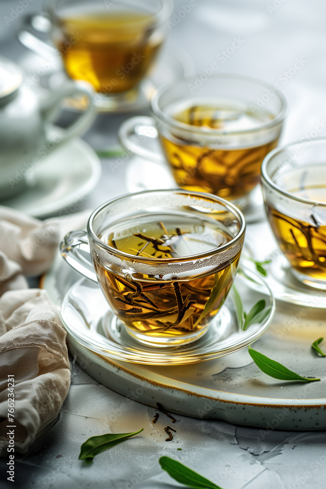 In this beautifully composed image, four cups of golden herbal tea are elegantly arranged on a marble tray, adorned with fresh green leaves. The soft lighting creates a warm and inviting ambiance In this beautifully composed image, four cups of golden herbal tea are elegantly arranged on a marble tray, adorned with fresh green leaves. The soft lighting creates a warm and inviting ambiance