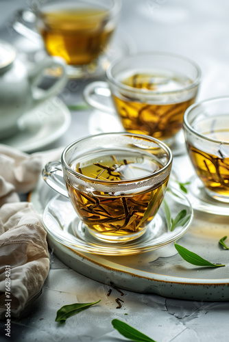 In this beautifully composed image, four cups of golden herbal tea are elegantly arranged on a marble tray, adorned with fresh green leaves. The soft lighting creates a warm and inviting ambiance